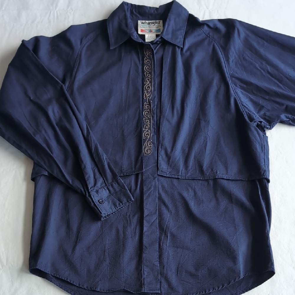Vintage Wrangler Navy Long Sleeved Button front Cape Overlay Women's Size Large